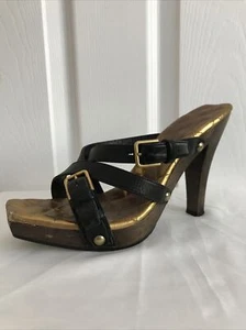 Tacón zueco de madera de cuero negro Yves Saint Laurent YSL talla 39 EE. UU. 8 - Imagen 1 de 12