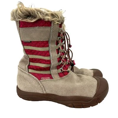Keen Wapato Waterproof Suede Leather Boots Faux Fur Beige Pink Girl's Size 3  - Image 1 of 4