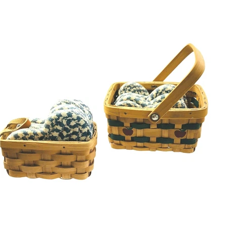 2 Miniature Baskets Woven & 11 Blue White Heart Coasters Apples Vintage 5" &5.5" Cover