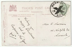 1907 RRR NORWICH XMAS CROSS CHRISTMAS POSTMARK ON GREETINGS PPC TO G NEWMAN - Picture 1 of 2