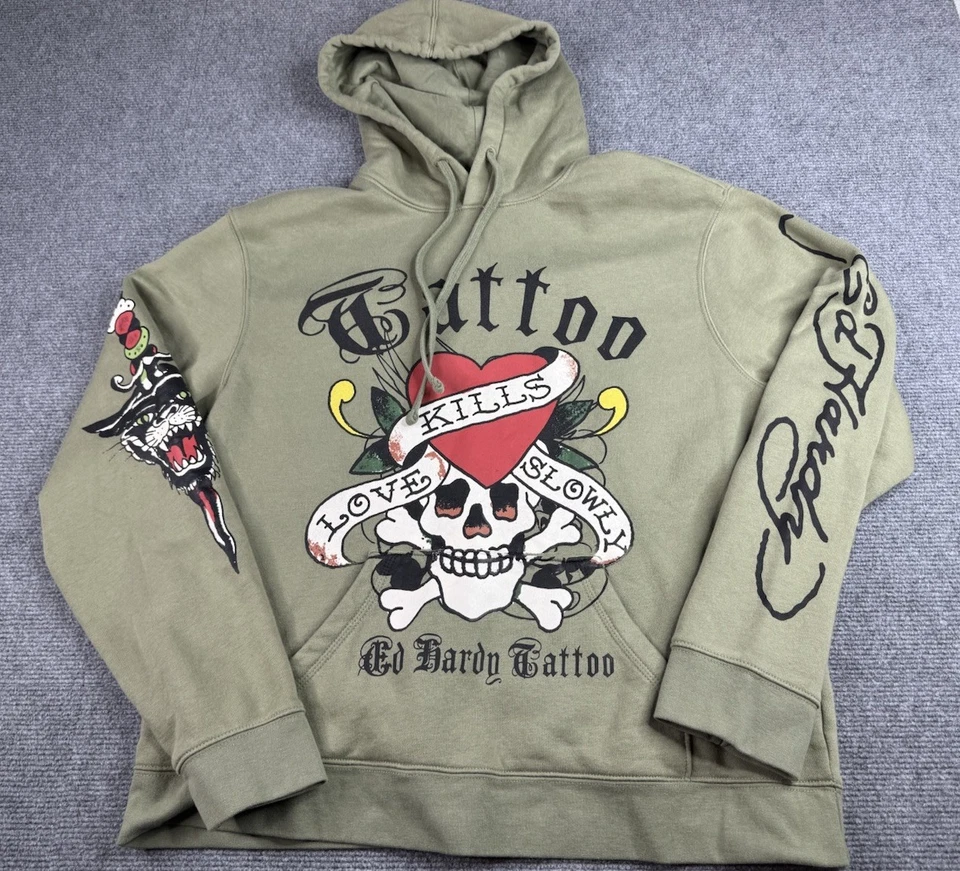 Ed Hardy Sudadera con Capucha Tatuaje Gráfico Love Kills Slowly Streetwear Talla XL Verde Ejército Foto 1 de 4