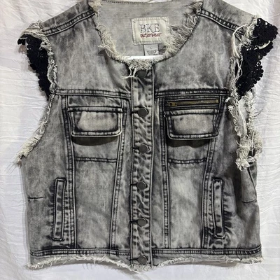 Chaleco de mezclilla negro lavado ácido BKE Outerwear Distress para mujer grande de encaje motociclista grunge Foto 1 de 4