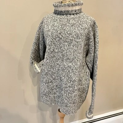 Vintage LL Bean Roll Neck Sweater Women Large Gray Stripe Neck Wool Blend - Image 1 of 4