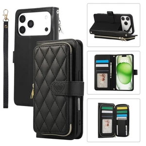 Grid Leather Strap Zipper Wallet FLIP BACK Case For iPhone 17 PRO 17 AIR 17 MAX - Picture 1 of 60