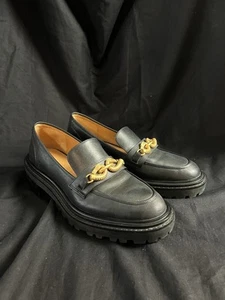 Tory Burch Jessa Lug Sole Loafer Calf Black Leather 10M Golden Clamp Equestrian - Picture 1 of 13