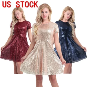 Women's Shiny Sequins T-shirt Dresses Short Sleeve Knee Length A Line Dresses - Picture 1 of 21
