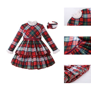 Kids Christmas Tartan Clothes Girls Party Dress Autumn Headband Red 2-12 Years - Picture 1 of 12