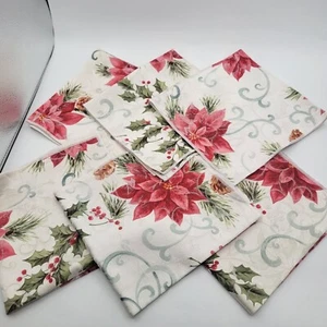 Vintage Christmas Cloth Napkins Lot Ivory Fabric with Poinseittas & Holly Leaves - Picture 1 of 9