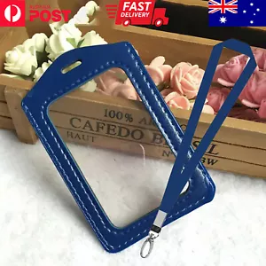 Lanyard ID Card Holder PU Leather Blue Business Badges Security Pass AU Stock - Picture 1 of 13