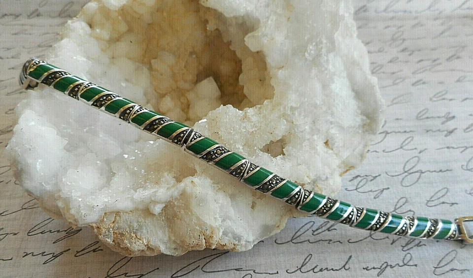 Pulsera Marcasita Verde Esmalte Plata de Ley 925 7.5" Cierre Plegable 20B24 Foto 1 de 4