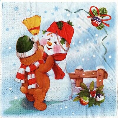 Serviettes En Papier Noel Bonhomme&ourson. Paper Napkins Christmas Snoman&teddy • 1.70€