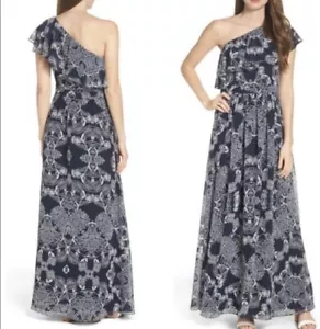 Vestido Vince Camuto Talla 8 Azul Marino y Blanco Floral Maxi Un Hombro - Imagen 1 de 14