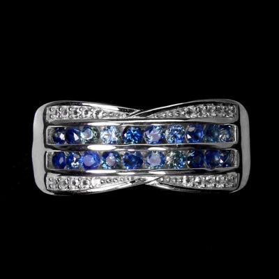 925 Anello Argento Sterling Zaffiro Blu Rotondo Topazio Gemma Gioielli Misura 7 - Immagine 1 di 4