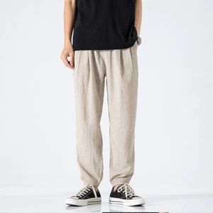 Men Elastic Waist Linen Blend Drawstring Tapered Baggy Pants Joggers Trousers - Picture 1 of 14