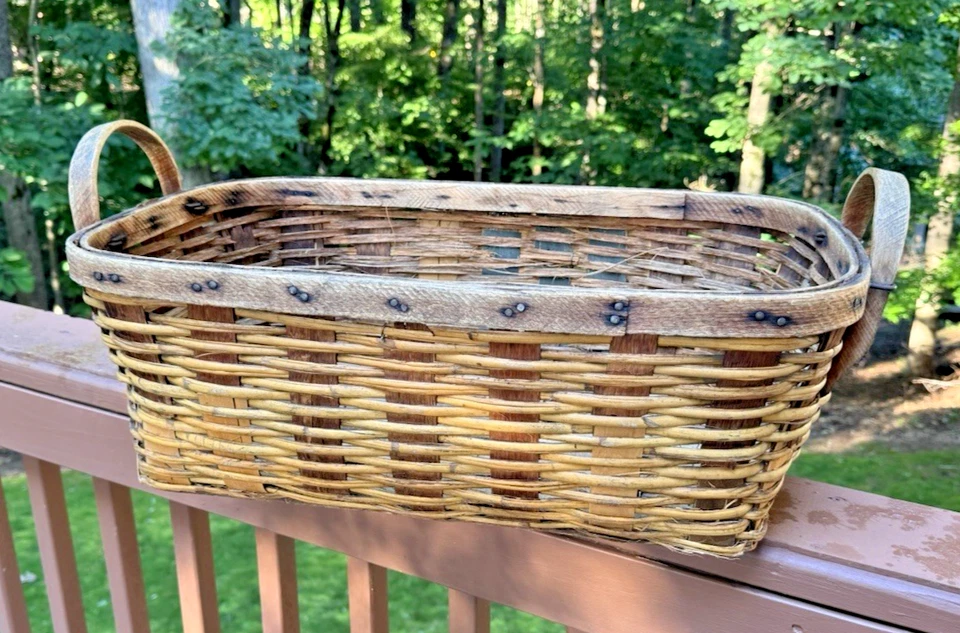 19th Century Large Antique Wood Woven Basket, Old Nails, Primitive-Original-Wow - Image 1 of 4