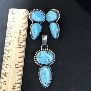 Kingman Turquoise Avin Joe Sterling Silver Pendant Set Navajo S2833 - Picture 1 of 10