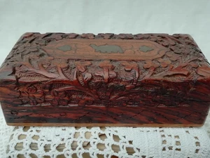 Small Vintage Hand Carved Anglo Indian Teak Box Brass Elephant Inlay Lined - Picture 1 of 5