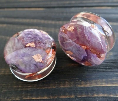 Каменная пробка и туннели серьги фиолетовый датчики для ушей смолы двойной блик 0g 00g - Изображение 1 из 4