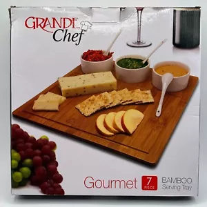 Grande Chef 7-Pc Gourmet Bamboo Serving Tray Set w/ Board Ceramic Bowls & Spoons - Picture 1 of 6