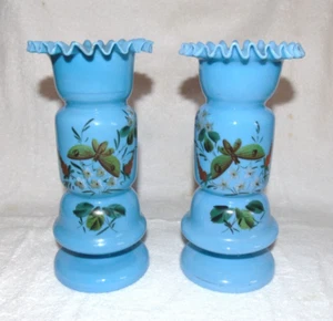 2 Bristol Glass Vases Opaline Hand Painted Blue Ruffle Top 9.5" - Picture 1 of 15