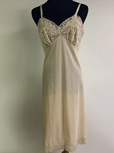 Vintage 1960's Blue Script Vanity Fair Beige Full Slip Size 34 - Picture 1 of 5