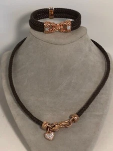 Judith Ripka Sterling Silver Rose Gold Plate Brown Leather Necklace & Bracelet - Picture 1 of 8