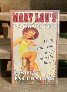 Deep Bush Mary Lou's Fishing Excursion Girl vtg ad metal poster pin-up bar decor - Picture 1 of 2
