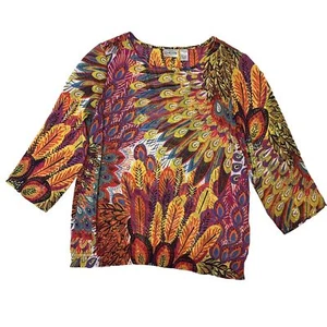 Chico's 0 Top Size 4 Small SHEER 3/4 Sleeves Peacock Feathers Colorful Blouse - Picture 1 of 7