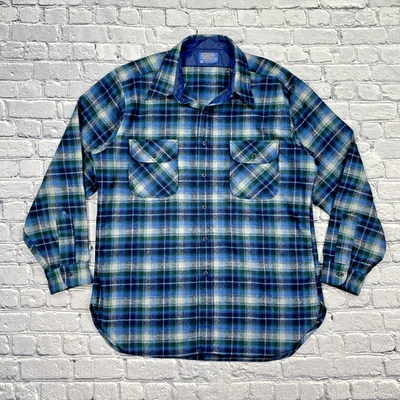 Vintage 60s/70s Pendleton Wool Board Shirt Men's XL Blue Green Plaid Made in USA - Image 1 of 4