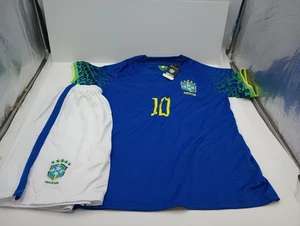 MEDIUM BLUE BRAZIL CBF NEWMAR JR 10 DRI-FIT SHORT SLEEVE JERSEY & SHORTS SET NEW - Picture 1 of 4