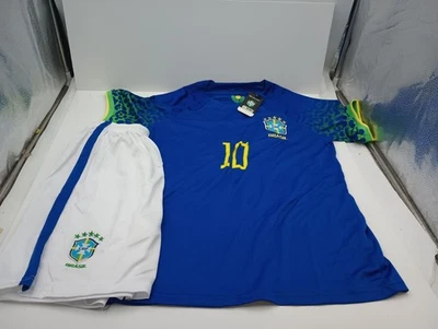 MEDIUM BLUE BRAZIL CBF NEWMAR JR 10 DRI-FIT SHORT SLEEVE JERSEY & SHORTS SET NEW - Image 1 of 4