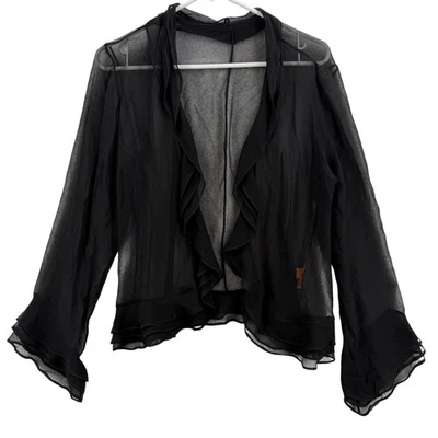 Blusa Harari Mujer Pequeña Negra 100% Seda Transparente Volantes Frente Abierto Hecha en EE. UU. Foto 1 de 4