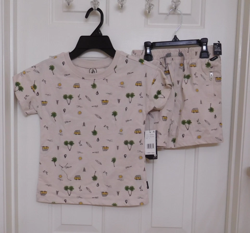 NWT 2pc Volcom Beige Surf Print Shirt & Shorts Set sz 5 or 6 - Image 1 of 1