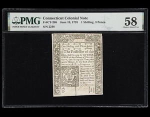1776 Connecticut American Revolution Colonial Continental Note Currency, PMG 58 - Picture 1 of 6