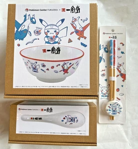 Pokemon Center Fukuoka Ippudo Mini Bowl Chopsticks Rest Spoon Set Japan Limited - Picture 1 of 4