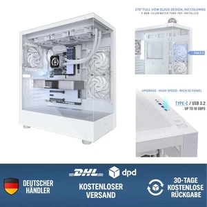 PC Gehäuse ATX Mid-Tower Weiß Glas mit 3 Lüftern, USB-C, Staubfilter, Gaming,... - Bild 1 von 9