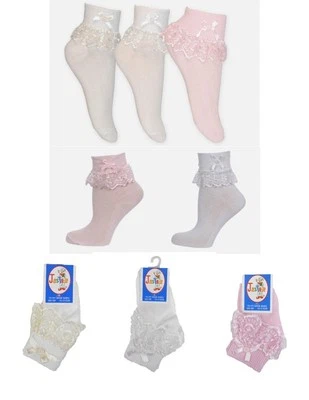 Socks Baby Girl Child Frilly Lace White Pink Cream Bow Pearl 0 6 12 24m 2 to 10y - Image 1 of 4