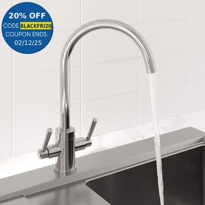 Modern Mono Kitchen Sink Mixer Tap Twin Lever Chrome Curved Swivel Spout Faucet - Image 1 of 4