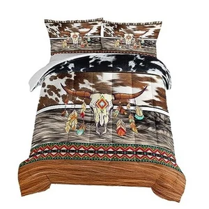 Western Bedding Longhorn Skull Comforter 3 Pieces,Western Full Chocolate - Picture 1 of 6