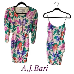 Vintage 80s A.J. Bari Silk Sequin Floral Dress Set Bold Cocktail Party Glam 2 - Picture 1 of 12