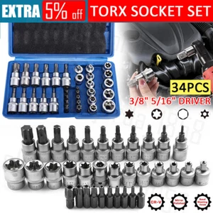 34X 3/8" Drive Security Torx Star &E Socket Bit Set Tamper Proof Garage Tool Set - Picture 1 of 12