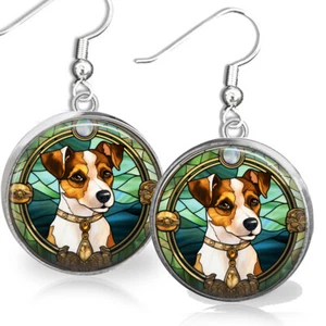 Jack Russel Terrier Puppy Dangle Earrings Dog Faux Stained Glass Art Print - Picture 1 of 2