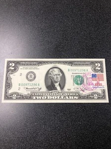 Nota de bicentenario 1976 $2 cancelada con sello de bandera del estado de Nueva York. SIN CIRCULAR - Imagen 1 de 4