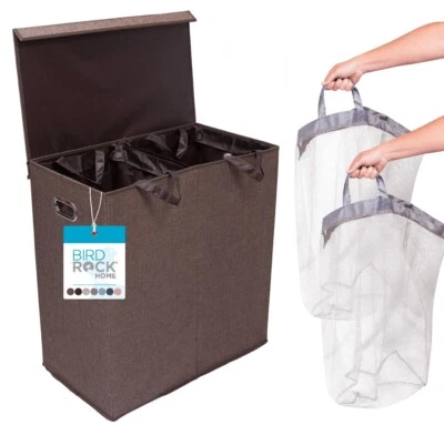 Double Laundry Hamper with Lid | Removable Mesh Bags | Dual Compartment (BROWN) - Image 1 of 4