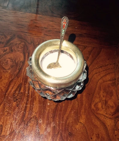 Antique Salt Sellar Sterling Silver Stamped Golden Plated SPOON Crystal USA Cover