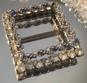 RARE VINTAGE HEAVY CRYSTAL RHINESTONE ROPE SQUARE BELT BUCKLE SILVER TONE - Picture 1 of 15