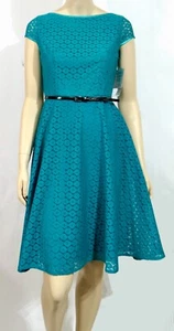 Evan Picone Black Label Teal Knit A Line Pointelle Belted Day Dress Sz 2 $85 NWT - Picture 1 of 6