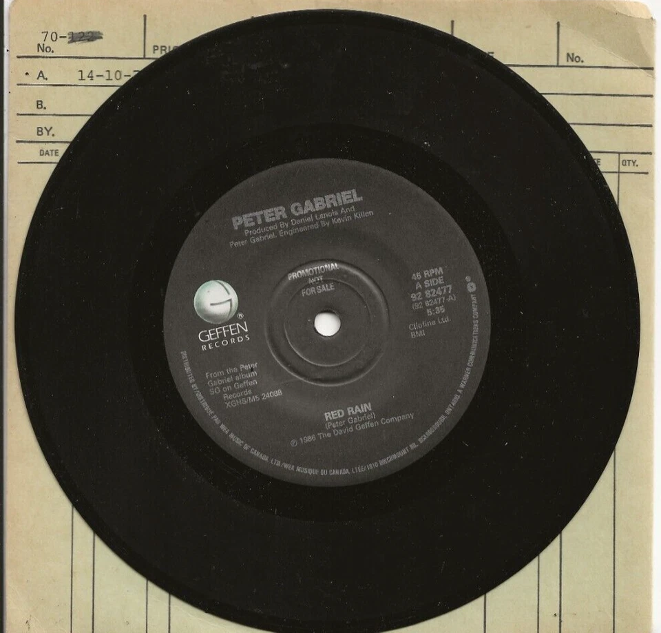 PETER GABRIEL RED RAIN VERY RARE CANADA PROMO-ONLY SINGLE FROM 1987 - Image 1 of 1