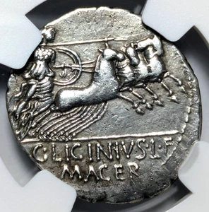 C. Licinius L.F. Macer Moneyer Roman Republic NGC Sehr schön Silber Denar Minerva - Bild 1 von 8