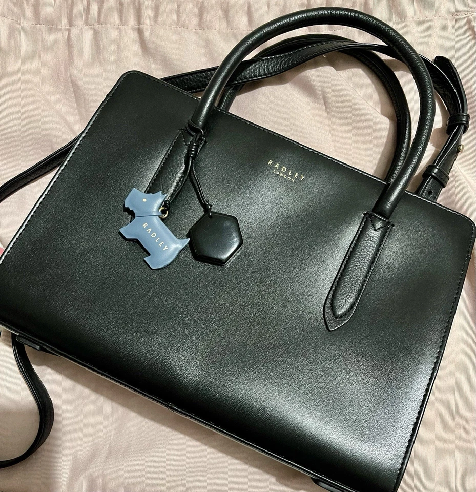 Radley Black Leather Handbag with adjustable crossbody strap & Blue Dog and zip - image 1 of 4